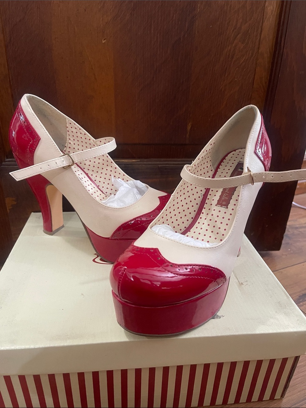 Two-Tone Red and Cream Mary Jane Platform Heels